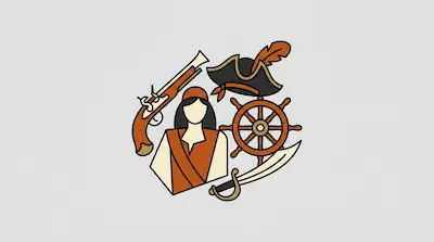 Flat illustration of a pirate woman surrounded by a flintlock pistol, a ship wheel, a cutlass, and a feathered hat.
