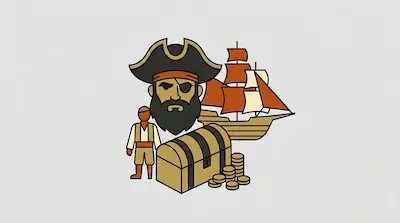 Flat illustration of a bearded pirate head, a wooden treasure chest with gold coins, and a sailing ship on a gray background