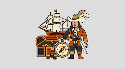 Flat illustration of a pirate with a hook hand standing by a treasure chest, a compass, and a sailing ship.