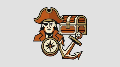 Flat illustration of a pirate with an eye patch, a wooden treasure chest, a compass, and an anchor on a gray background