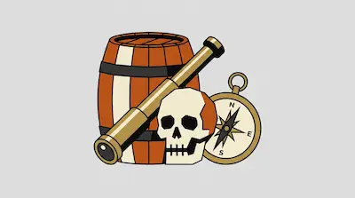 Flat illustration of a wooden barrel, a brass telescope, a human skull, and a compass on a light gray background