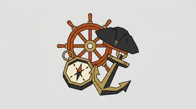 Flat illustration of a wooden ship wheel, a golden anchor, a compass, and a black pirate hat on a gray background