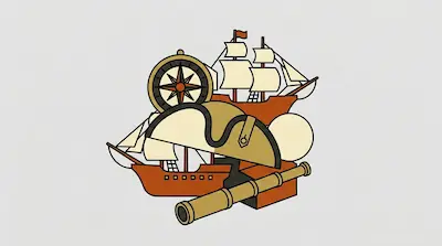 Flat illustration of a wooden sailing ship, a gold compass, and a telescope on a light grey background