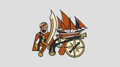 Flat illustration of a bearded man in a turban with a scimitar, a flintlock pistol, and a dhow ship on a gray background
