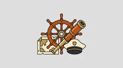 Flat illustration of a wooden ship wheel, a brass telescope, a captain hat, and a map on a gray background