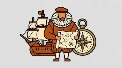 Flat illustration of an explorer holding a map, standing between a sailing ship and a large compass on a gray background
