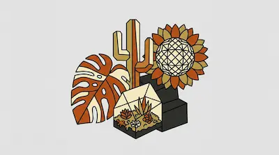 A collection of stylized plants including a monstera leaf, a cactus, a sunflower, and a terrarium in shades of orange, yellow, and brown.