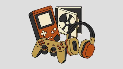 A handheld gaming console, a game controller, headphones, and a CD case in a stylized graphic style.
