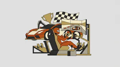 A person in a racing suit and helmet sits in a simulator rig with a steering wheel and pedals, positioned in front of a sports car, checkered flag, and trophy.