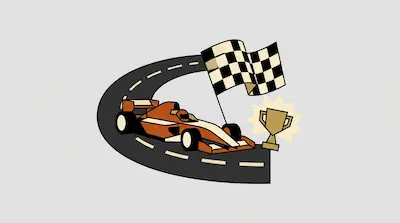An orange race car on a curved track with a checkered flag and a gold trophy.
