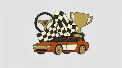 An orange sports car is positioned in front of a checkered flag, a gold trophy, and a steering wheel.