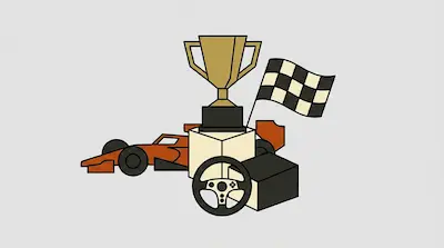A collection of racing items including a gold trophy, a checkered flag, a red race car, and a steering wheel.
