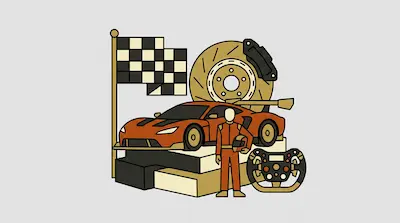 A sports car, a driver holding a helmet, a checkered flag, a brake disc, and a steering wheel are grouped together.
