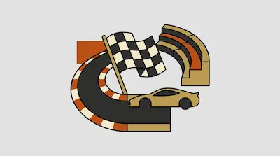 A tan sports car on a curved racetrack with a checkered flag and grandstands.