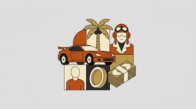 Flat illustration of a sports car, a pilot, a palm tree, and a stack of cash in a minimalist graphic style.
