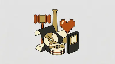 Flat illustration of a wooden gavel, pixelated heart, and compact discs in a minimalist graphic style