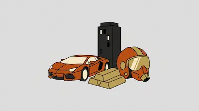 Flat illustration of an orange sports car, a black skyscraper, gold bars, and a pilot helmet on a gray background