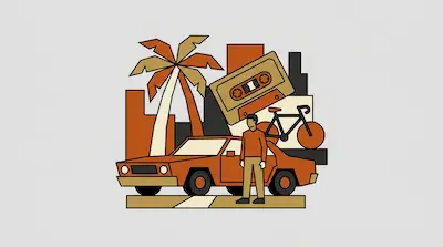 Flat illustration of a man standing by an orange car with a cassette tape, palm tree, and bicycle in the background