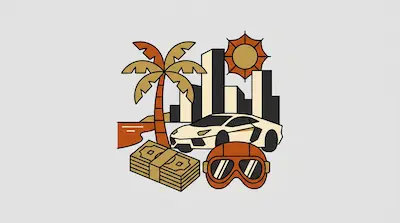 Flat illustration of a sports car, a palm tree, and a stack of cash in front of a city skyline and sun