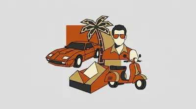 Flat illustration of a man in sunglasses with a sports car, a scooter, and a palm tree in orange and tan tones