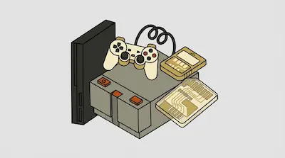 Retro video game consoles, a controller, and memory cards are stacked together in an isometric view.