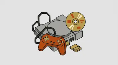 A gray video game console with an orange controller, a gold disc, and a memory card.
