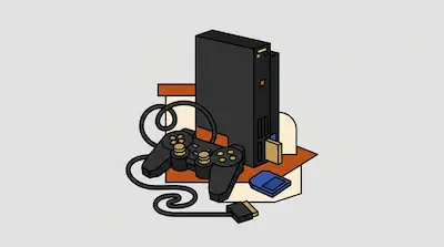 A black video game console stands vertically next to a matching wired controller and two memory cards.
