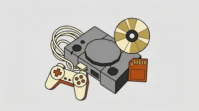A gray retro video game console with a wired controller, a gold disc, and an orange memory card.