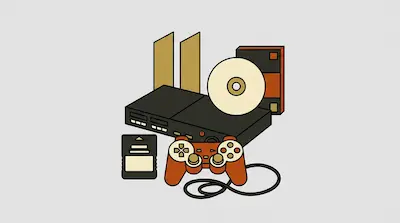 A black video game console is surrounded by an orange controller, a memory card, a disc, and a game case.