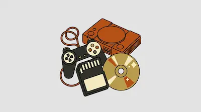 An orange retro video game console, a black controller, a memory card, and a gold disc.