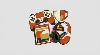 A video game controller, a trophy, a game case, and a pair of headphones in an orange and cream color palette.