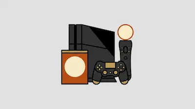 A black video game console, a handheld controller, a motion controller with a glowing orb, and a game case.