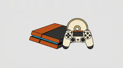 An orange and black video game console, a cream-colored controller, and a game disc.