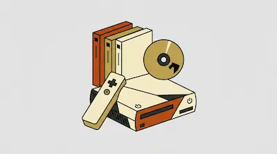 A minimalist video game console, remote controller, disc, and game cases in shades of orange and cream.