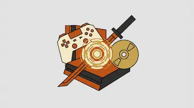 A stylized game console, controller, disc, and katana sword with a glowing circular graphic in the center.