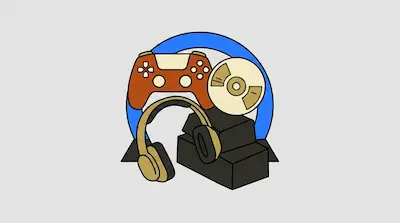 A game controller, headphones, a disc, and a console set against a blue circular arch.