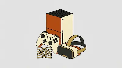 A cream and orange gaming console, controller, and VR headset are arranged together.