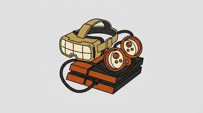 A tan virtual reality headset and two orange controllers sit atop a black and orange game console.