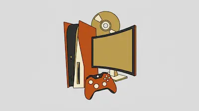 A game console, controller, curved monitor, and disc rendered in a stylized orange and gold color palette.