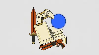 A collection of stylized gaming items including a sword, a game controller, a blue orb, a tablet, and a blaster.