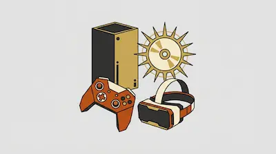 A game console, a controller, a VR headset, and a disc with a sunburst border.