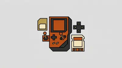 An orange handheld gaming console surrounded by a memory card, joystick, and D-pad.