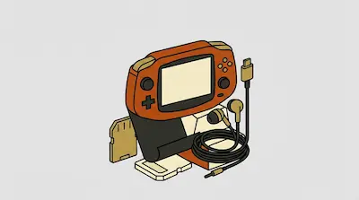 An orange handheld gaming console is shown with wired earbuds, a charging cable, and memory cards.