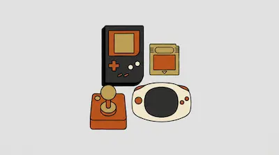 Stylized retro gaming hardware including two handheld consoles, a game cartridge, and a joystick.