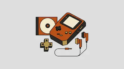 An orange handheld gaming device, a CD, a D-pad, and wired earbuds.