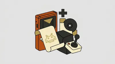 A collection of retro gaming items including a handheld console, a joystick, and a scroll with a pixelated character.
