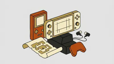 A collection of gaming equipment including handheld consoles, a controller, earbuds, and a paper map.