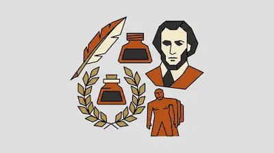Flat illustration of a man's portrait, a quill pen, ink bottles, and a laurel wreath in orange and tan tones.