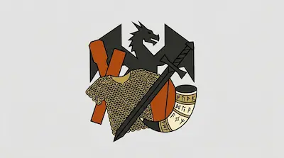 Flat illustration of a black dragon silhouette behind a chainmail shirt, a longsword, and a runic horn on a gray background