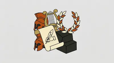 Flat illustration of Greek helmets, a golden lyre, a laurel wreath, and a scroll with a quill on a light background